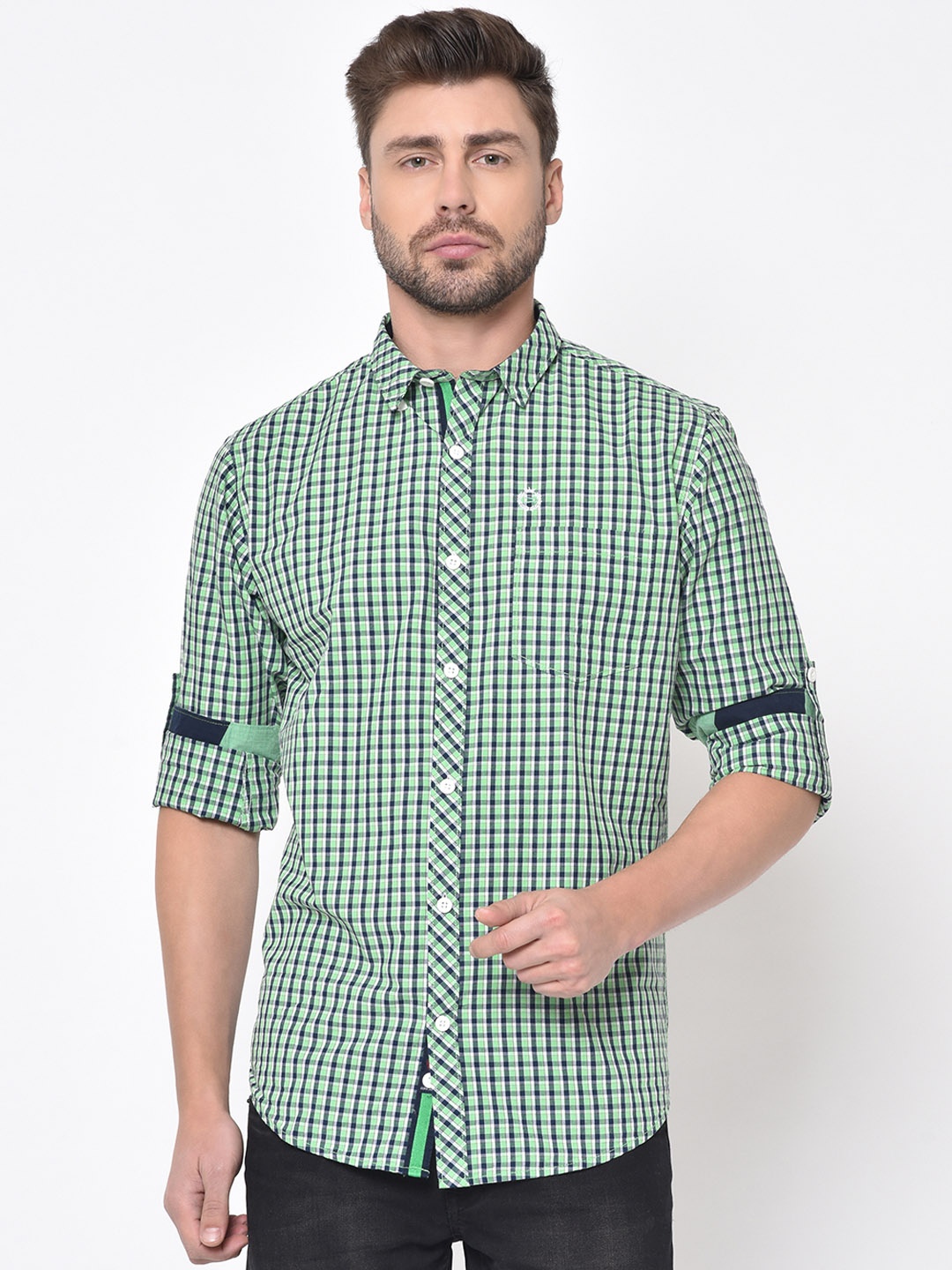 

Duke Men Green & Blue Slim Fit Checked Casual Shirt