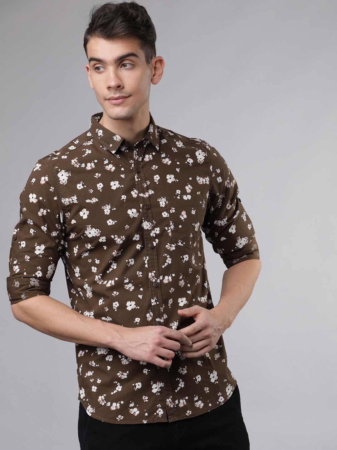 

LOCOMOTIVE Men Brown & Off-White Slim Fit Printed Casual Shirt
