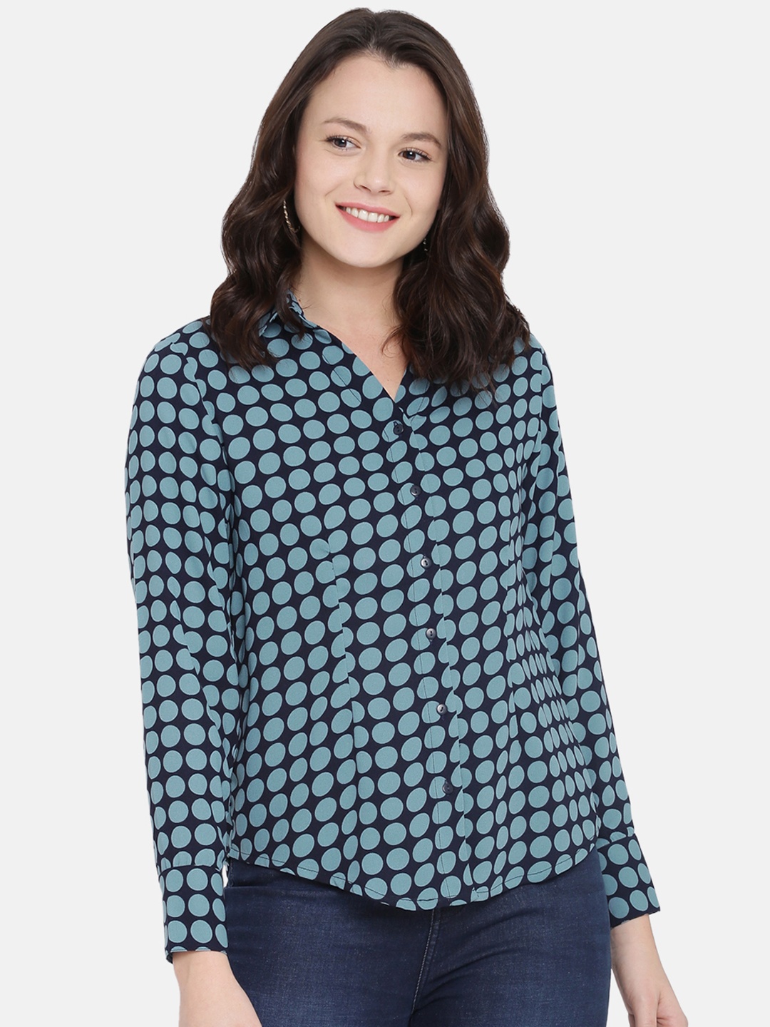

ISU Women Navy Blue & Green Regular Fit Printed Casual Shirt
