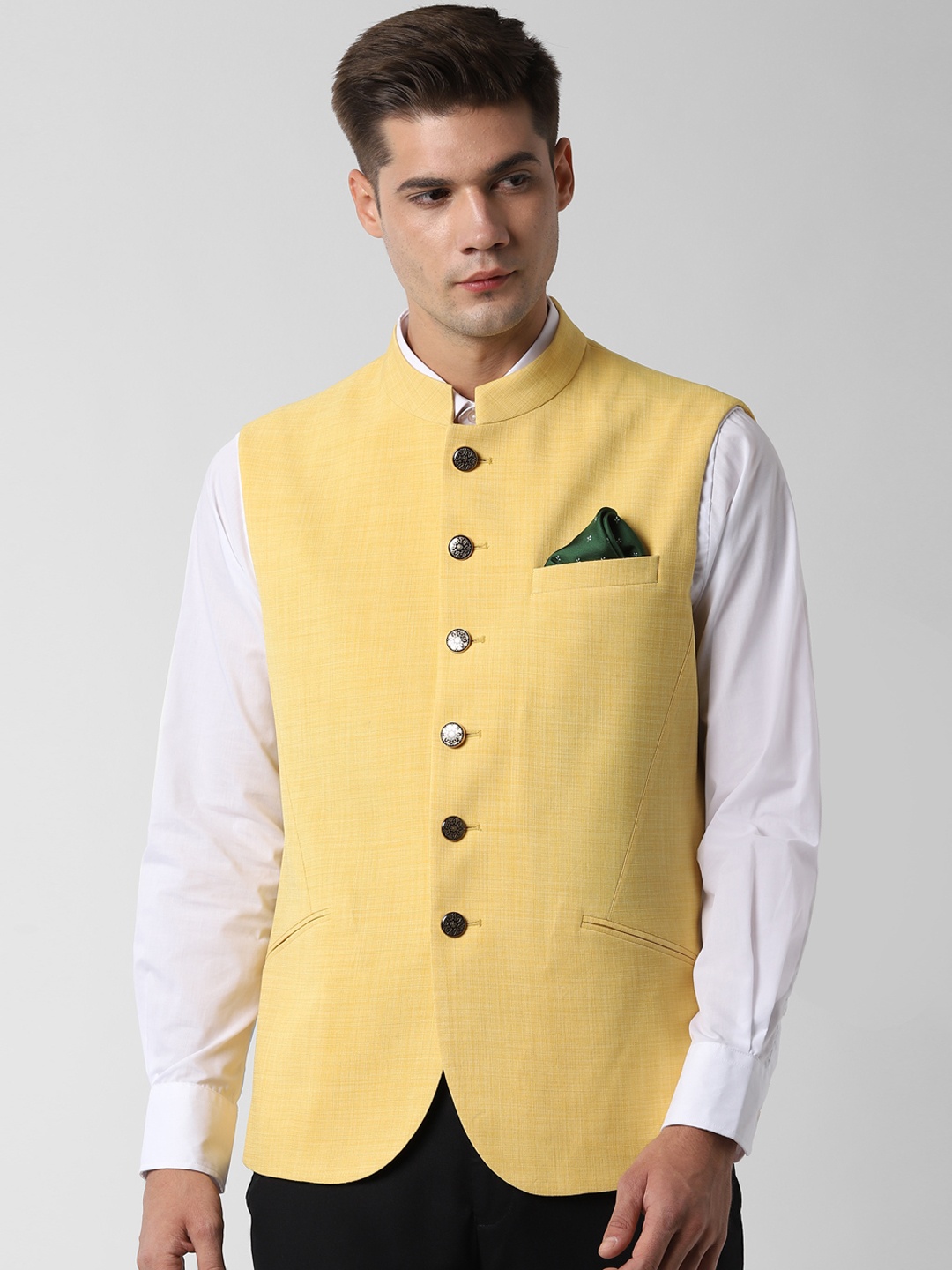 

Peter England Men Yellow Solid Woven Nehru Jacket