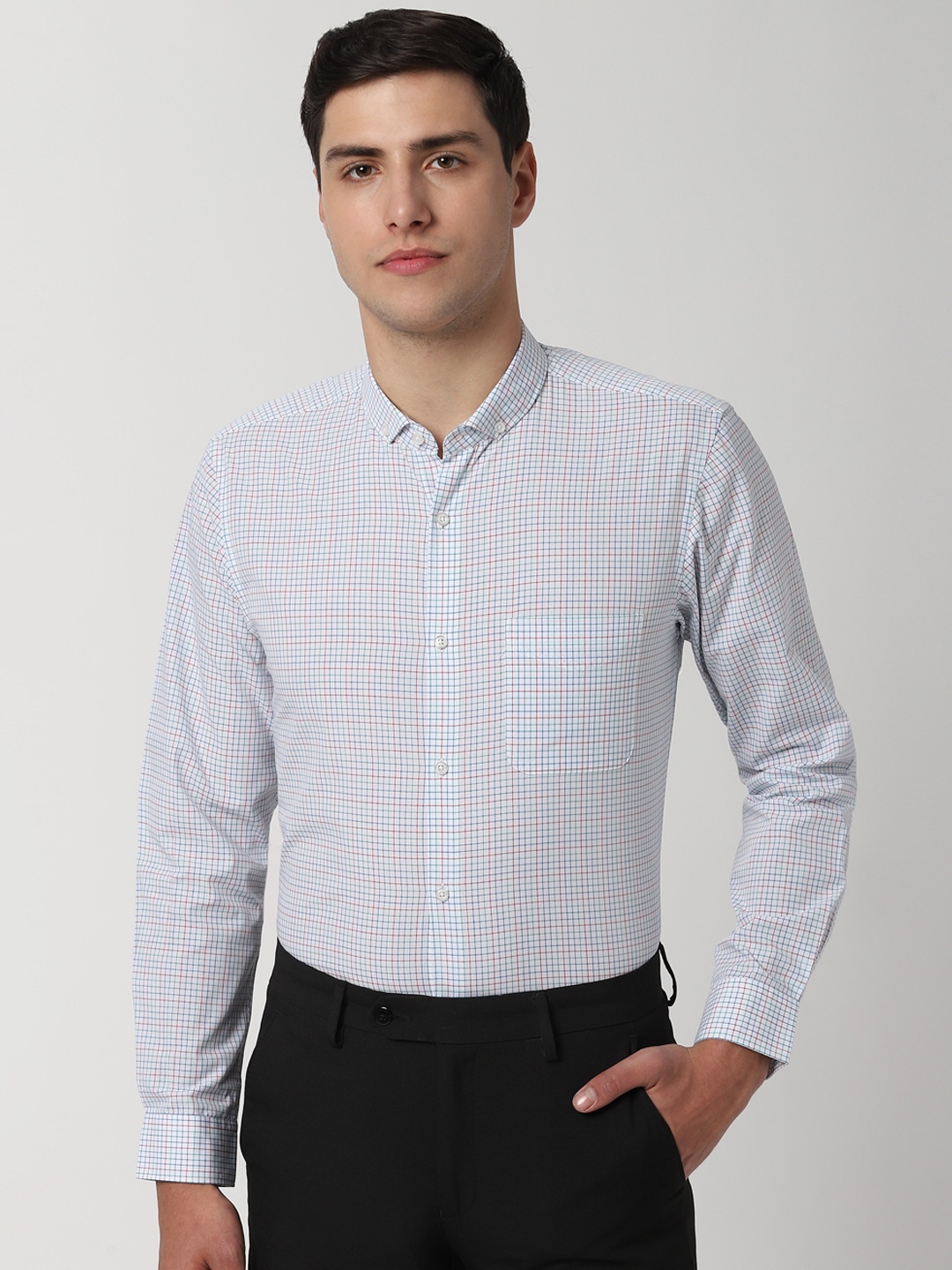 

Peter England Men White And Blue Slim Fit Checked Formal Shirt