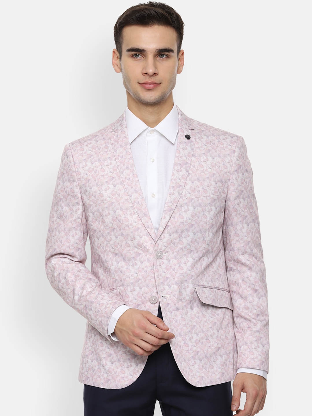

V Dot Men Pink Printed Slim-Fit Single-Breasted Formal Pure Cotton Blazer