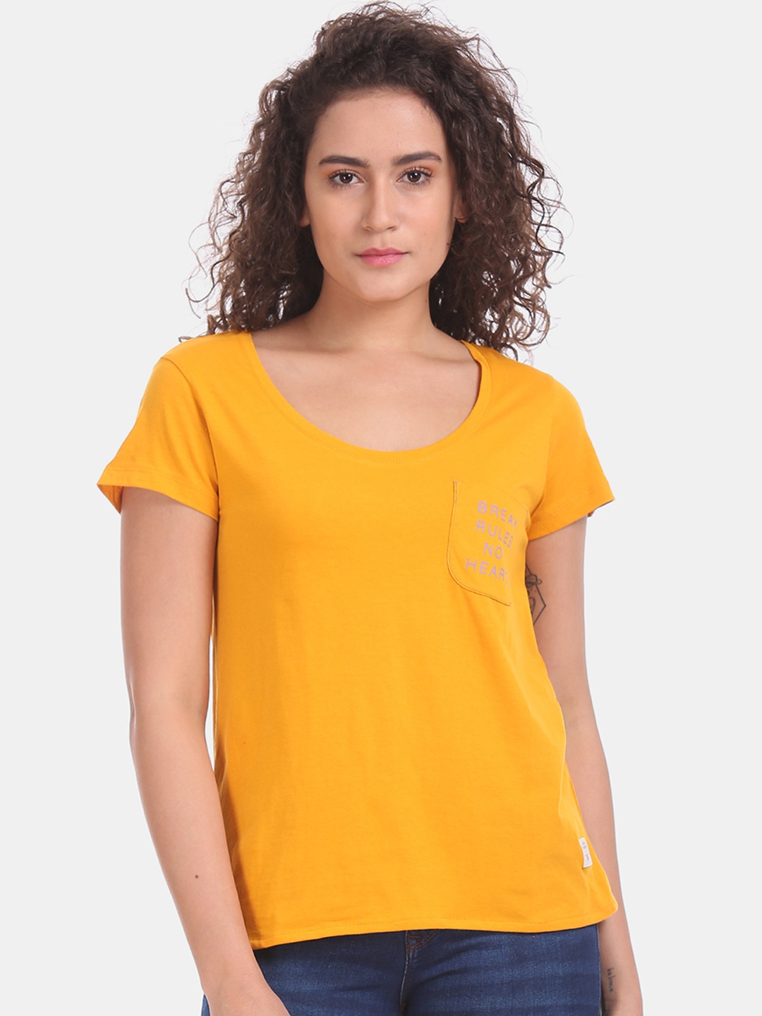 

Flying Machine Women Mustard Orange Solid Round Neck T-shirt