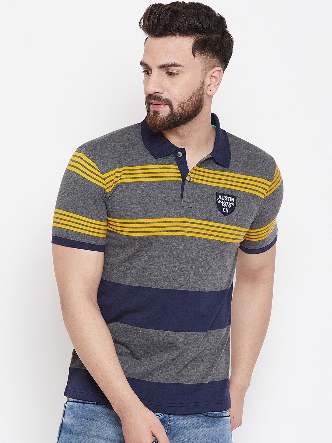 

Austin wood Men Grey Striped Polo Collar T-shirt