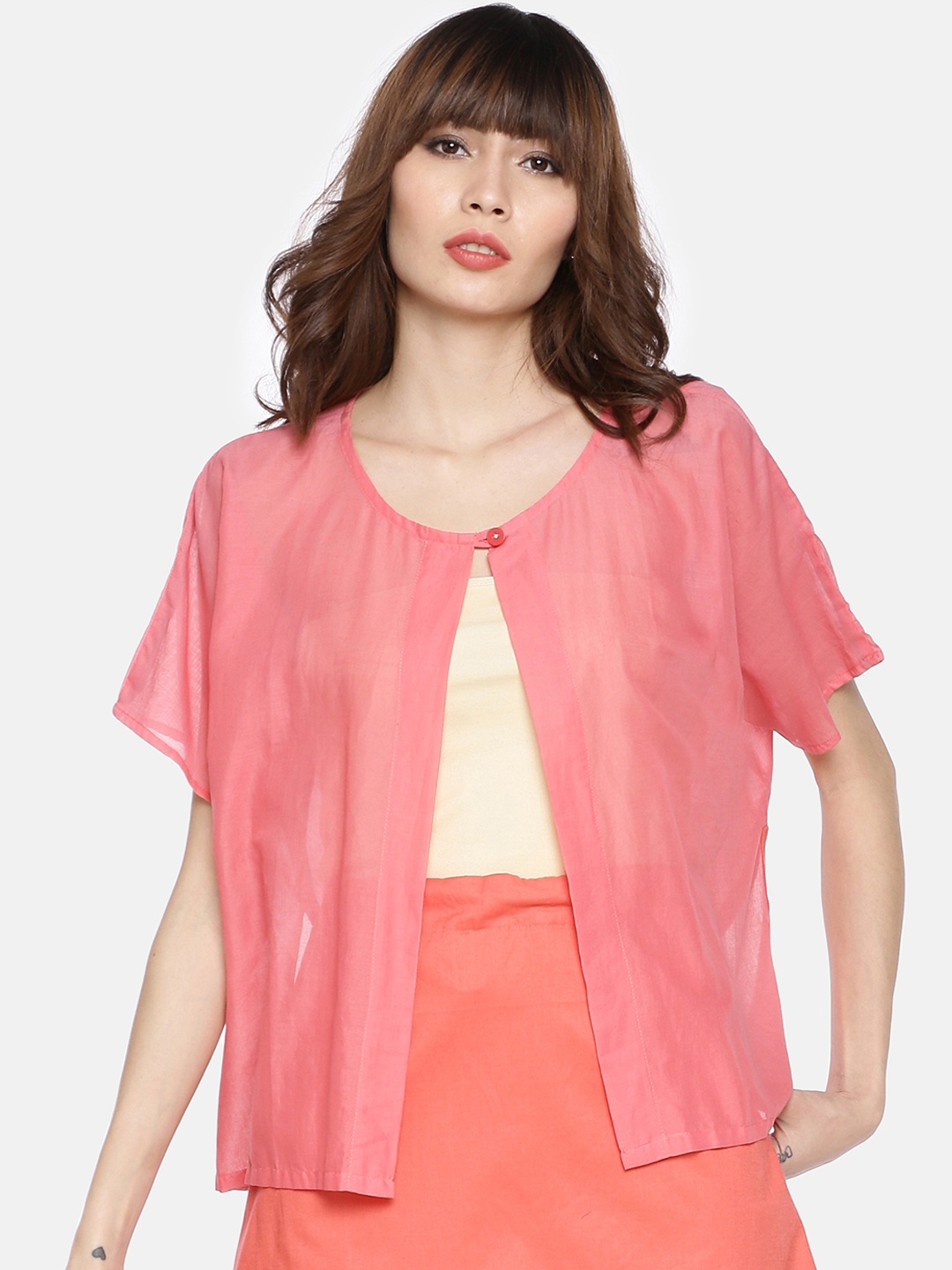

GRASS by Gitika Goyal Women Coral Pink Semi Sheer Solid Button Shrug