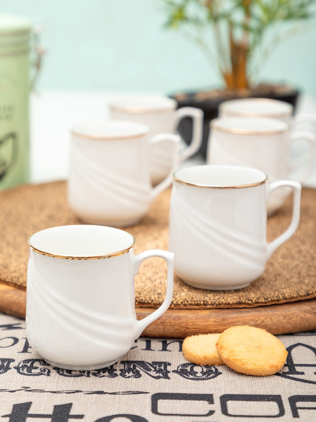 

SONAKI Set of 6 White Solid Bone China Mugs With 24K Gold Print