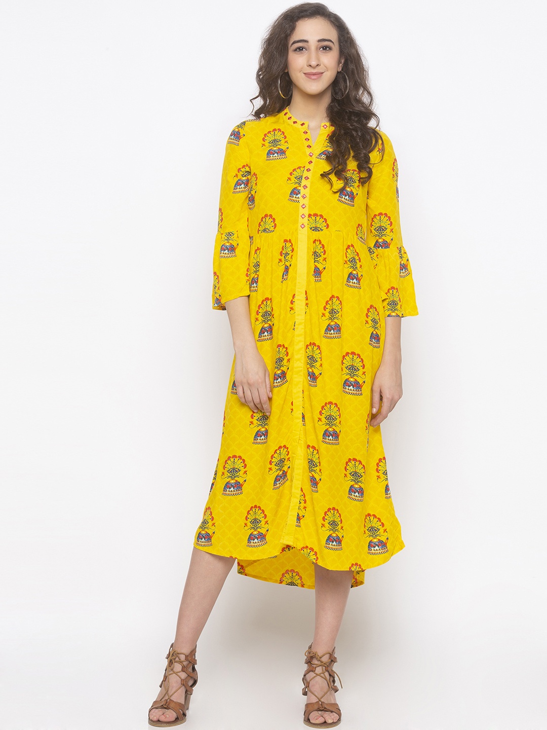 

Globus Women Yellow Printed A-Line Dress