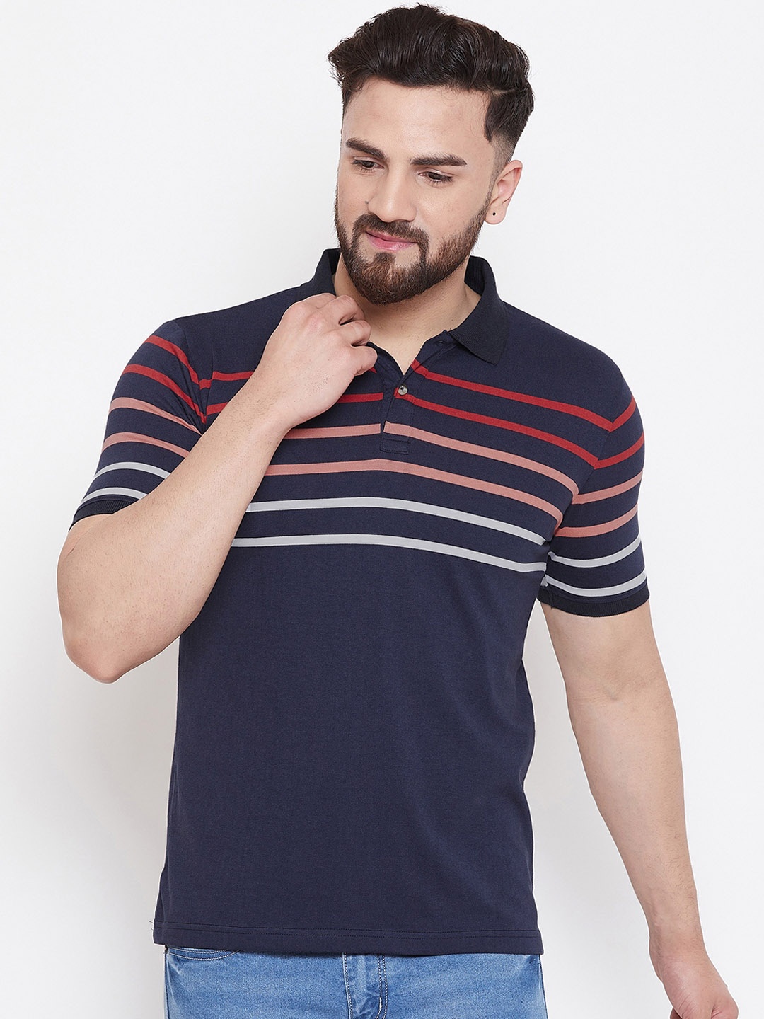 

Austin wood Men Navy Blue Striped Polo Collar T-shirt
