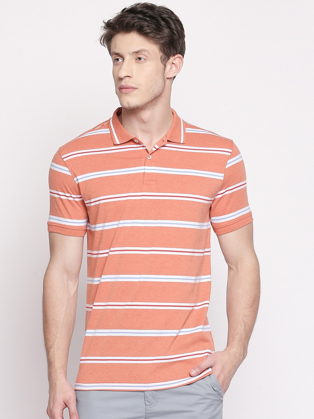 

BYFORD by Pantaloons Men Orange & White Striped Polo Collar T-shirt