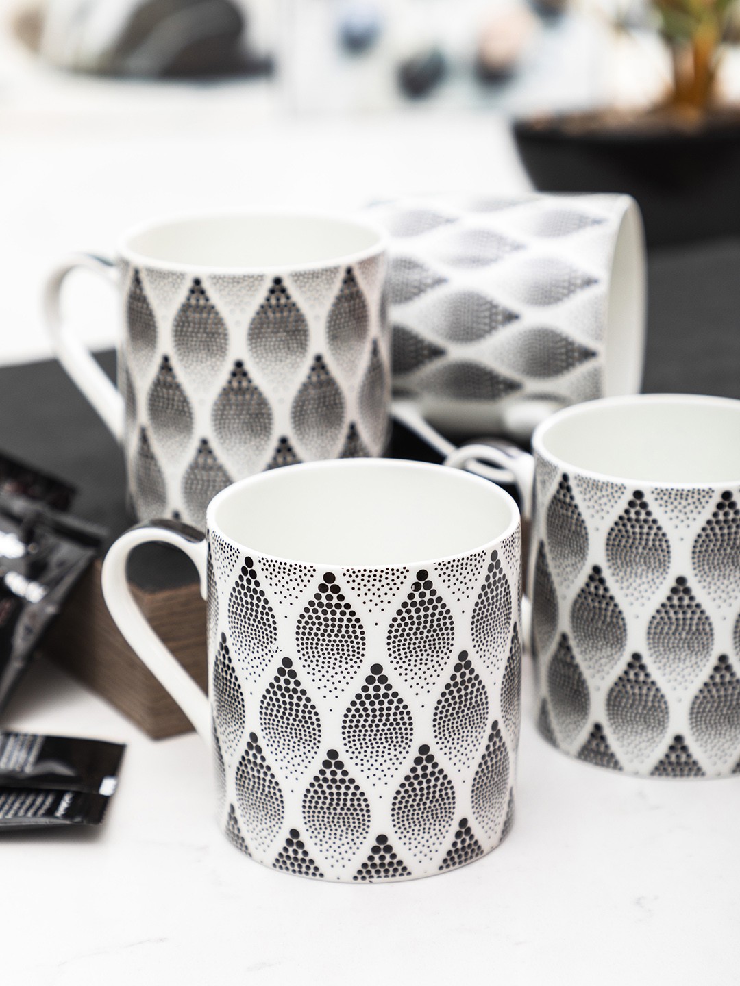 

SONAKI Set of 4 White & Black Printed Fine Bone China Coffee Mugs