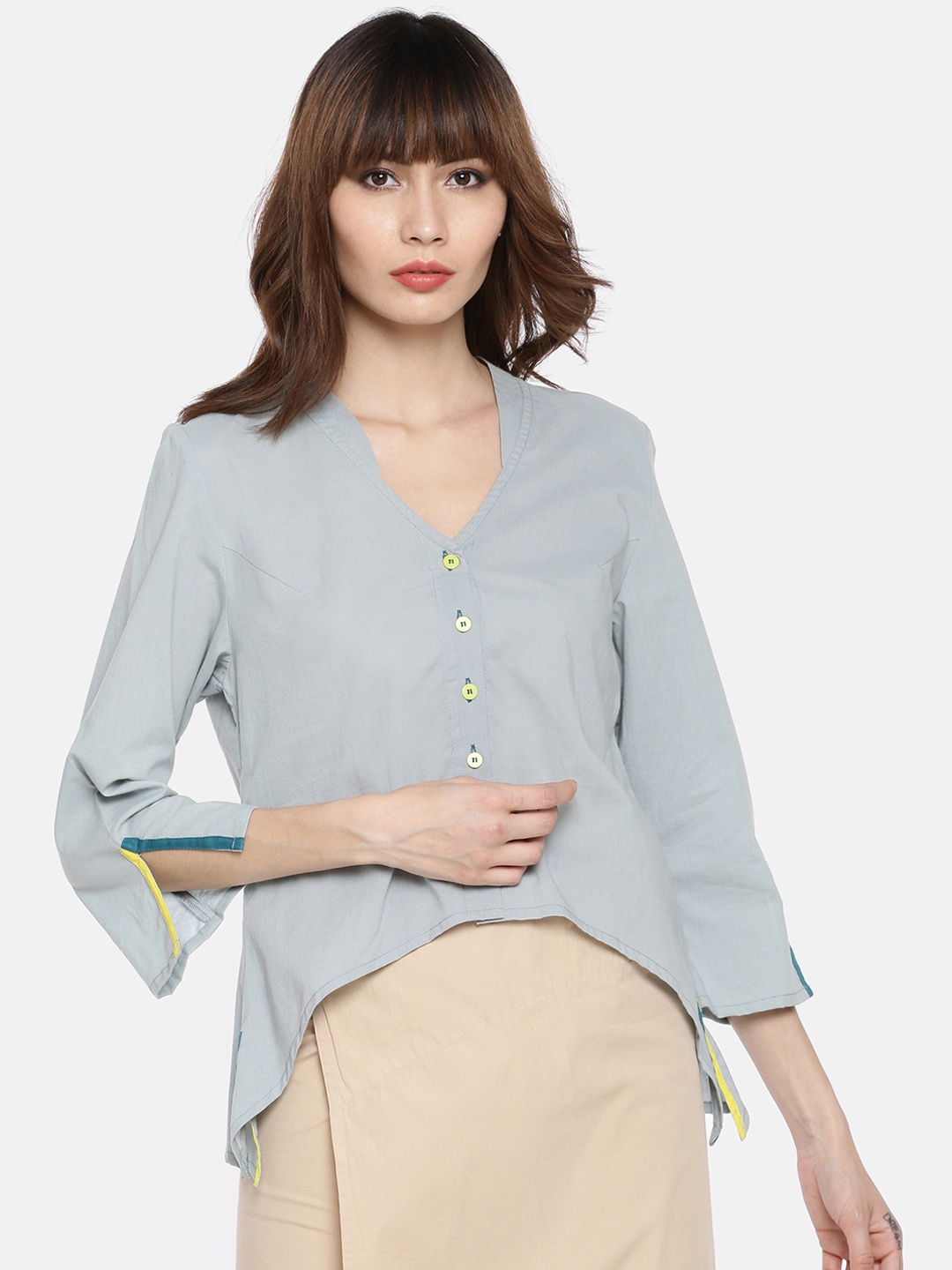 

GRASS by Gitika Goyal Women Blue Slim Fit Solid Casual Shirt