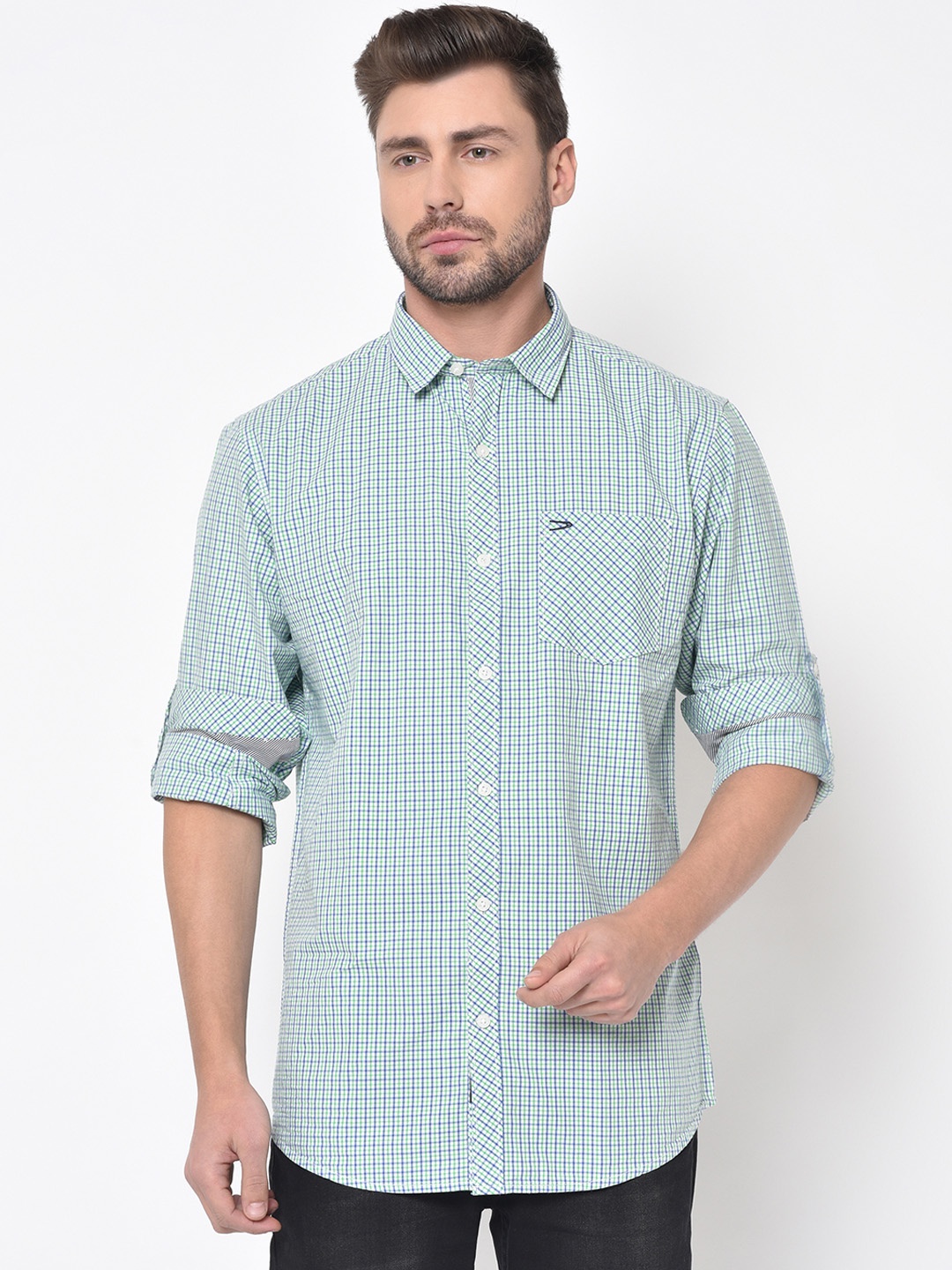 

Duke Men White & Green Slim Fit Checked Casual Shirt