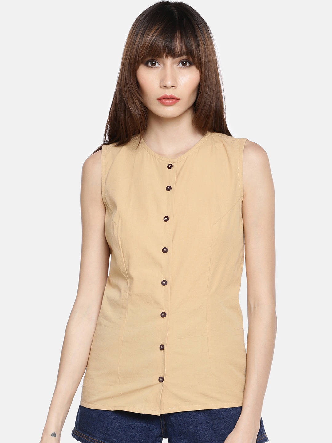 

GRASS by Gitika Goyal Women Beige Solid Pure Cotton Top