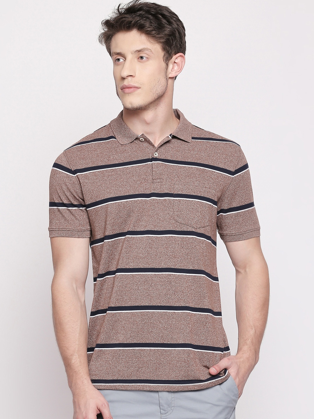 

BYFORD by Pantaloons Men Beige & Navy Blue Striped Polo Collar T-shirt