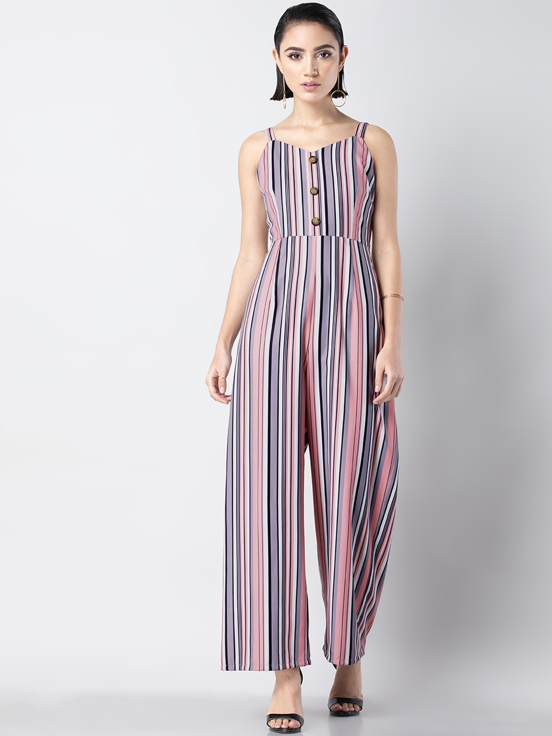 

FabAlley Women Pink & Black Striped Basic Jumpsuit