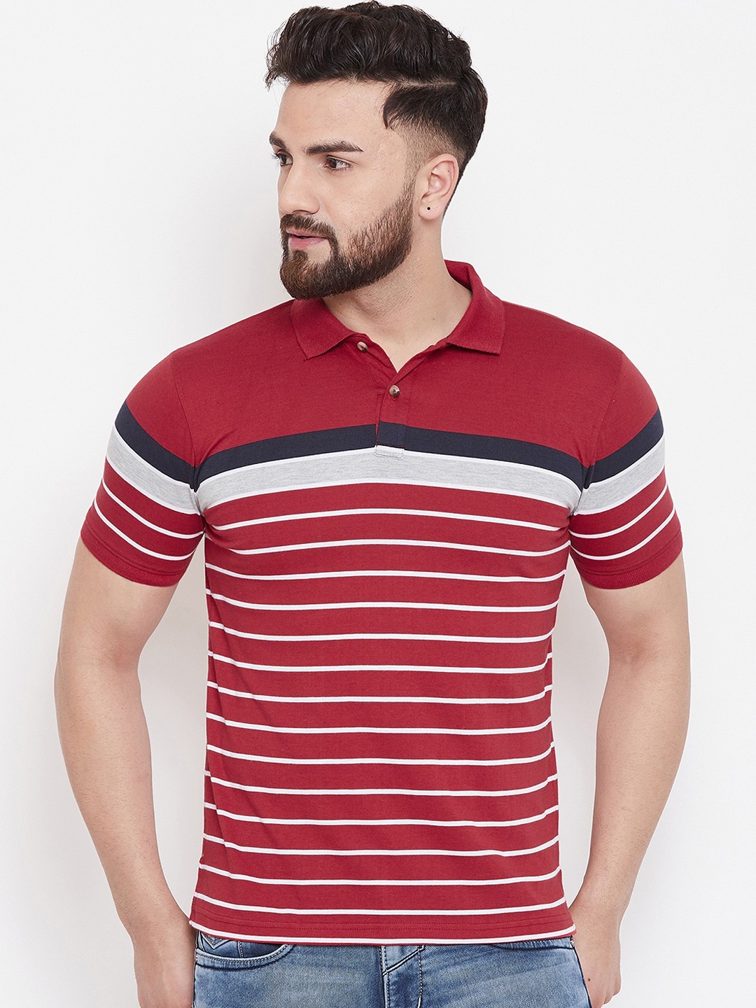 

Austin wood Men Red & White Striped Polo Collar T-shirt