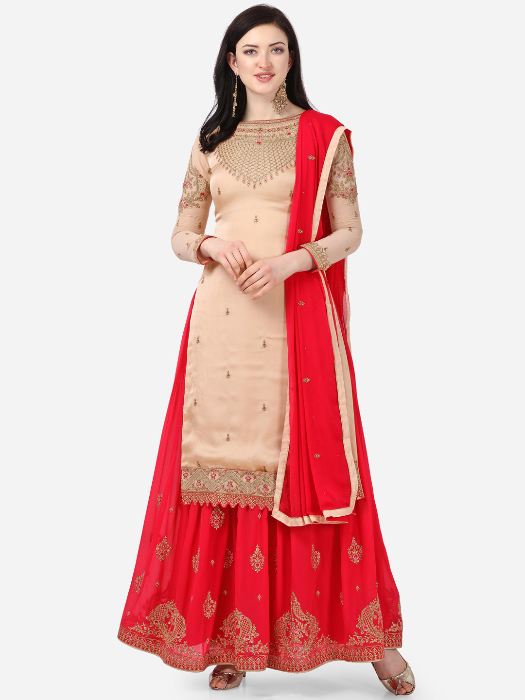 

Stylee LIFESTYLE Beige & Coral Red Satin Finish Semi-Stitched Embroidered Dress Material