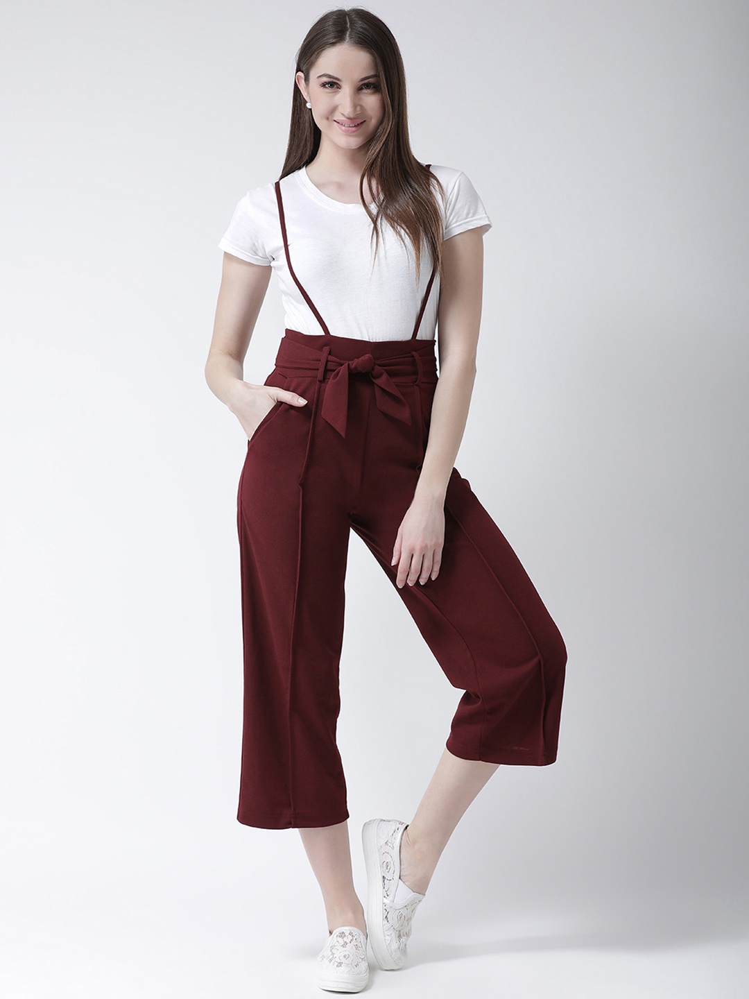 

KASSUALLY Women Maroon Solid Cropped Dungarees