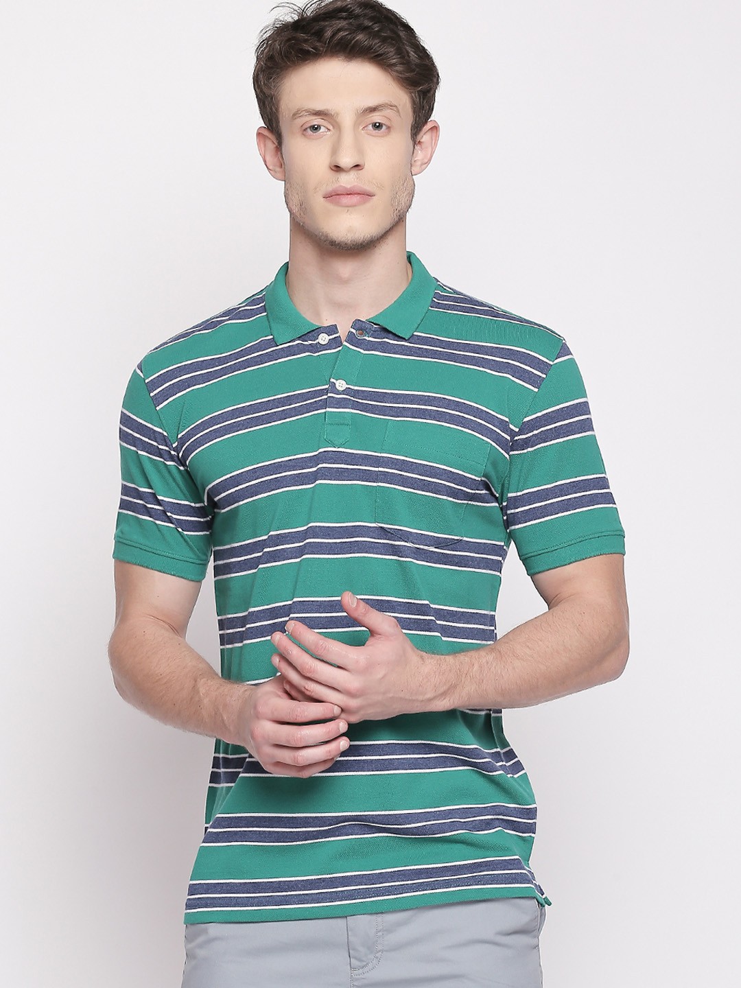 

BYFORD by Pantaloons Men Green & Purple Striped Polo Collar T-shirt