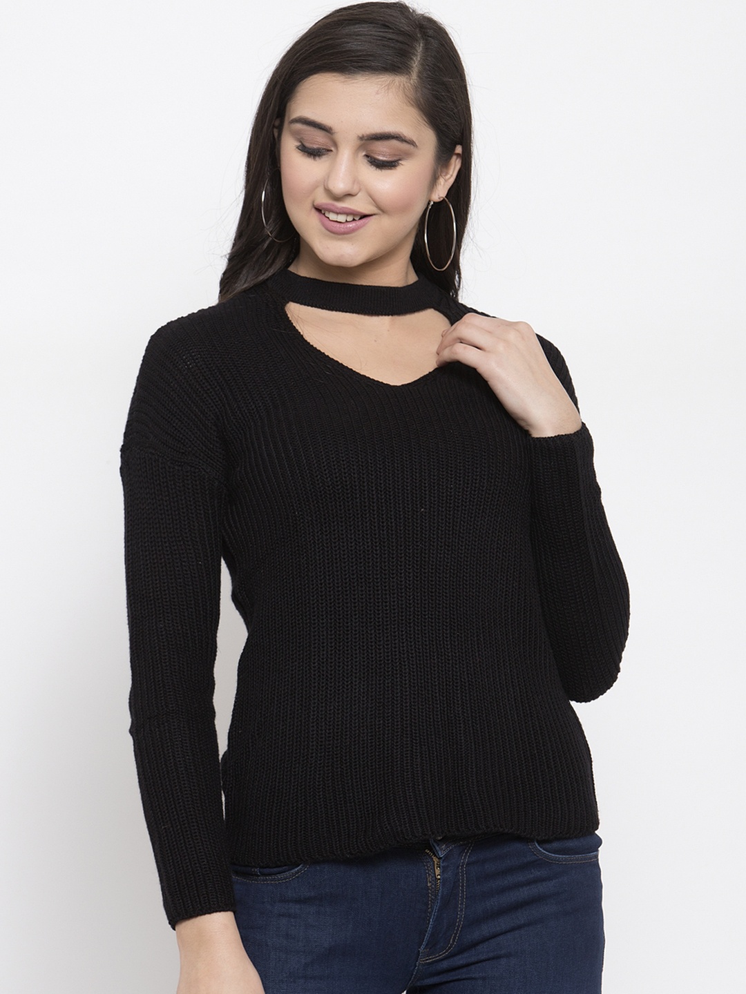 

KLOTTHE Women Black Ribbed Pullover