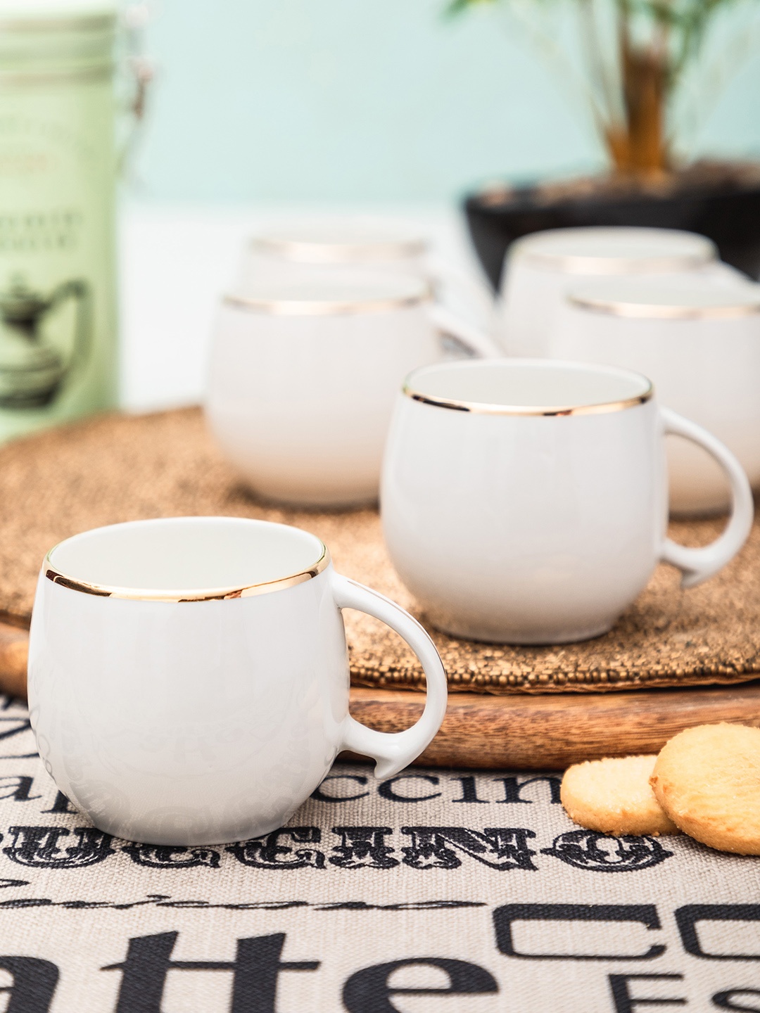 

SONAKI Set of 6 White Solid Bone China Mugs With 24K Gold Print