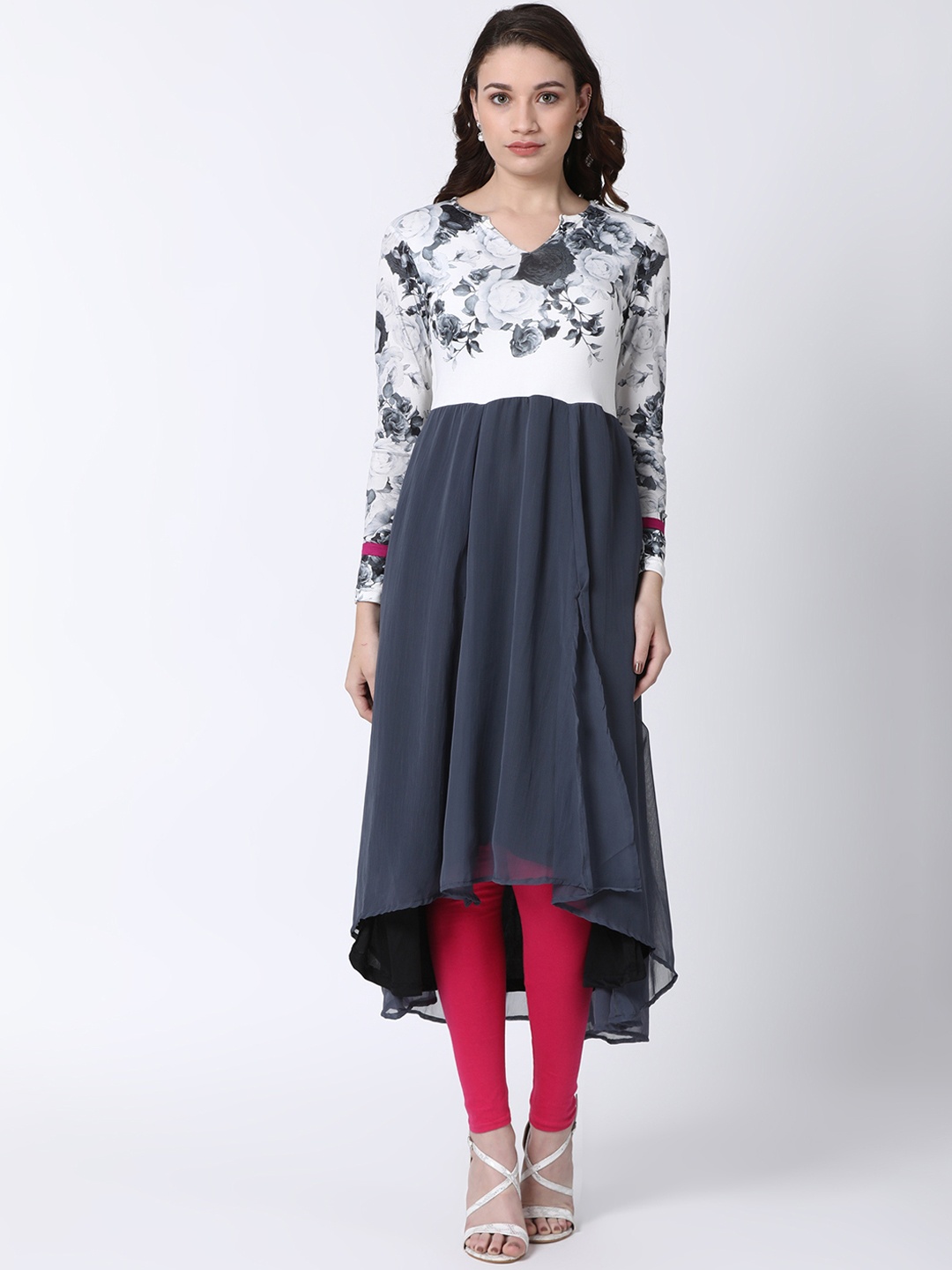 Ira Soleil Women White & Grey Printed A-Line Kurta