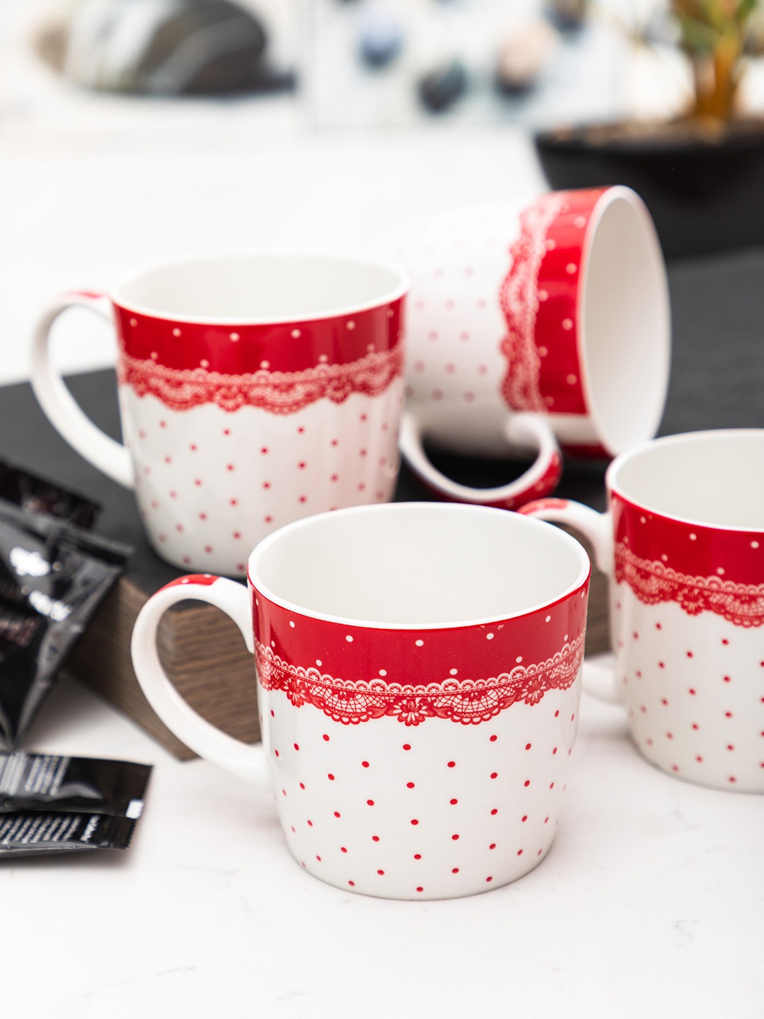 

SONAKI Set of 4 White & Red Printed Fine Bone China Coffee Mugs