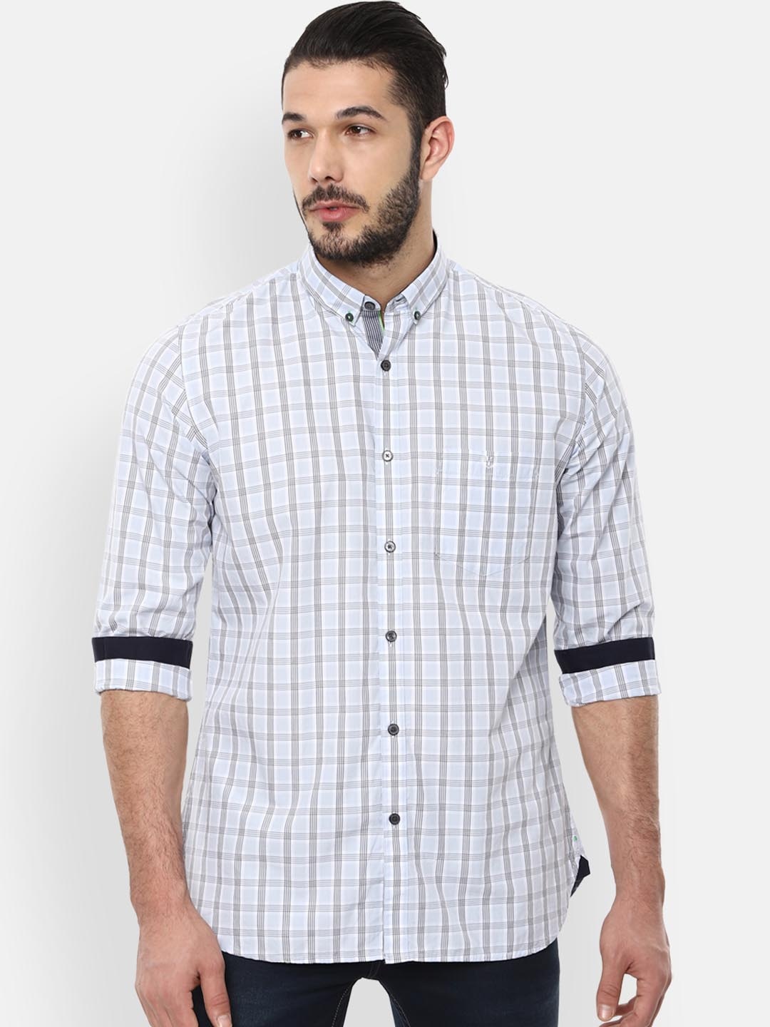 Van Heusen Sport Men Blue & Grey Slim Fit Checked Casual Shirt