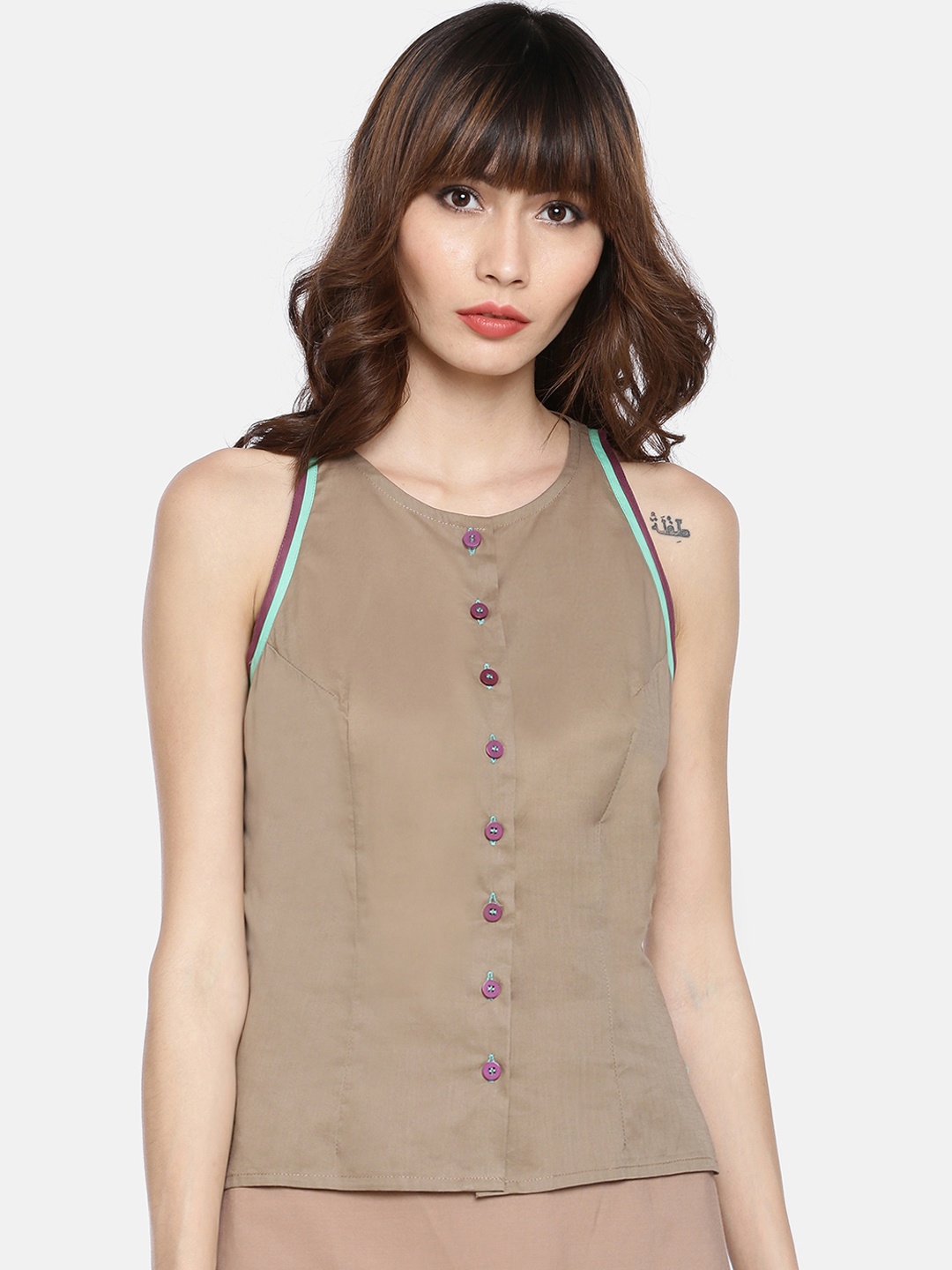 

GRASS by Gitika Goyal Women Khaki Solid Top
