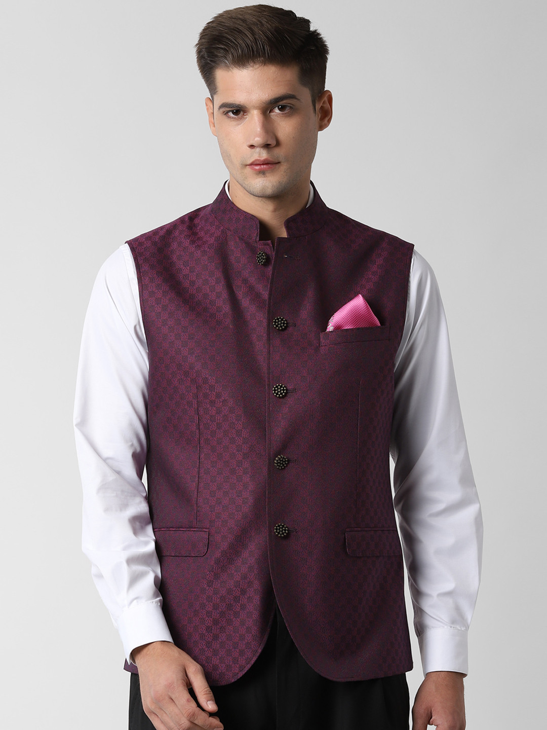 

Peter England Men Purple Woven Design Nehru Jacket