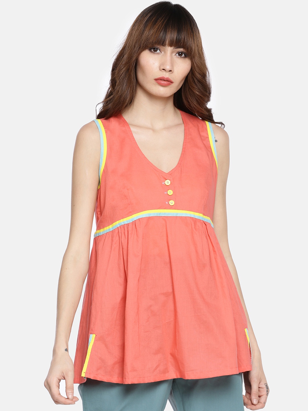 

GRASS by Gitika Goyal Women Coral Orange Solid Empire Tunic