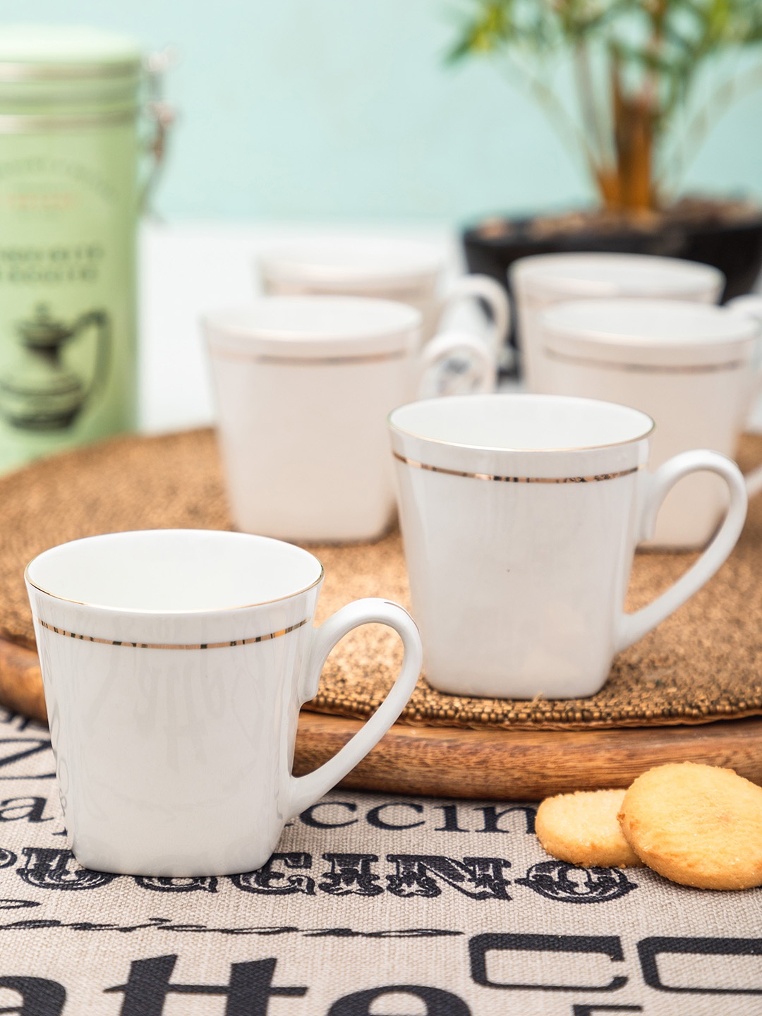 SONAKI Set of 6 White Solid Bone China Tea Coffee Mugs With 24K Gold Print