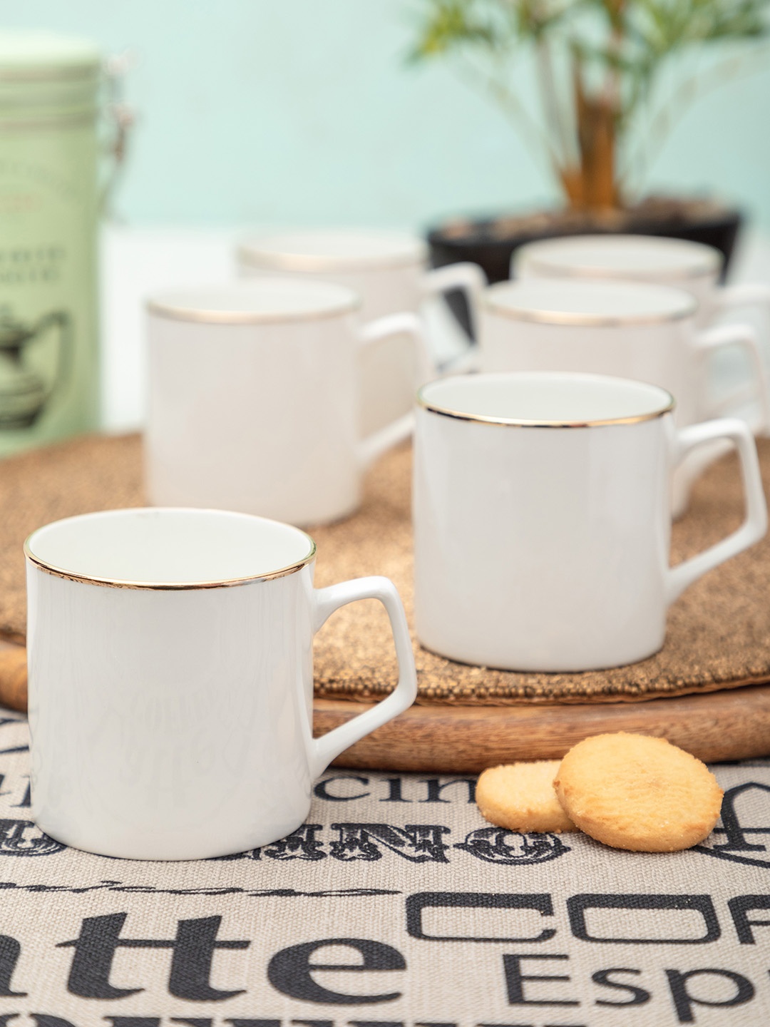 

SONAKI Set of 6 White Printed Bone China Mugs With 24K Gold Print