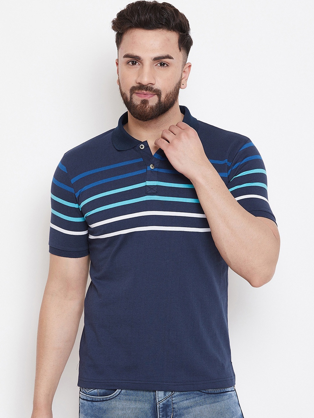 

Austin wood Men Navy Blue Striped Polo Collar T-shirt