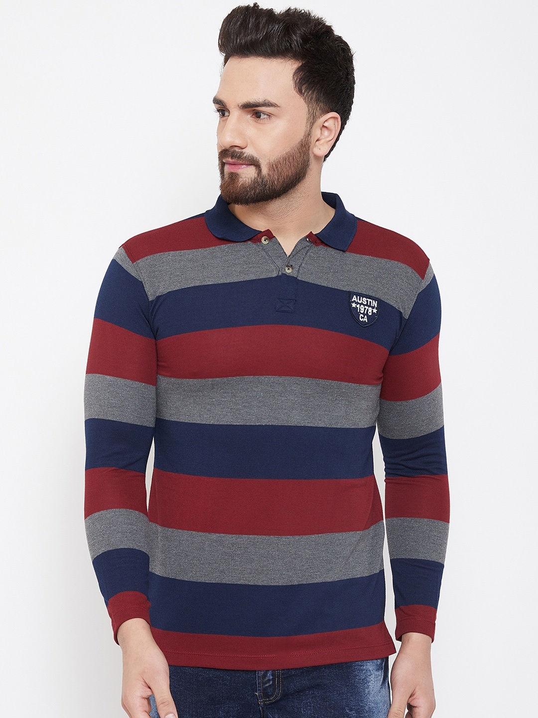 

Austin wood Men Multicoloured Striped Polo Collar T-shirt, Multi