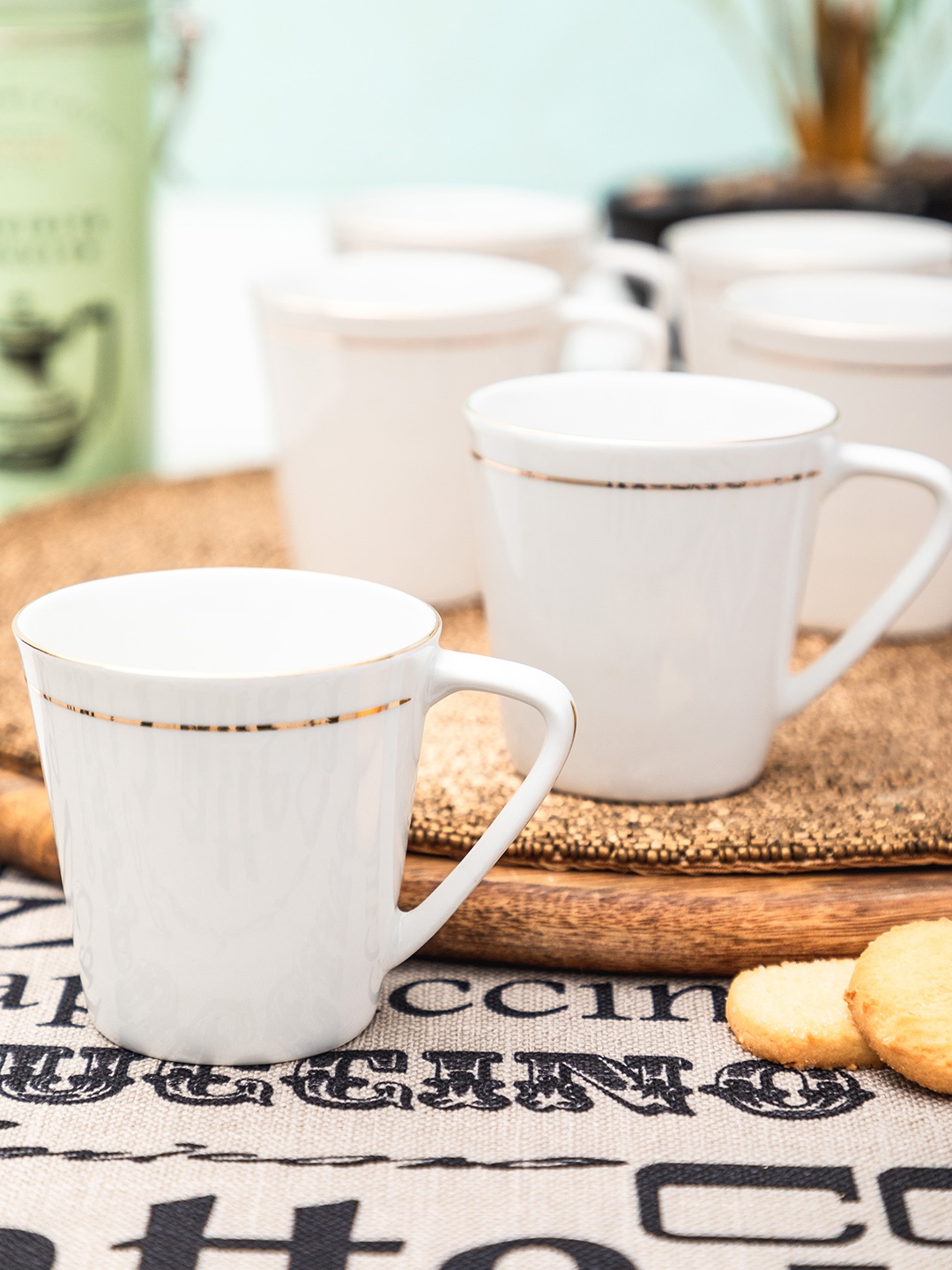 

SONAKI Set Of 6 White Solid Bone China Tea Coffee Mugs With 24K Gold Print