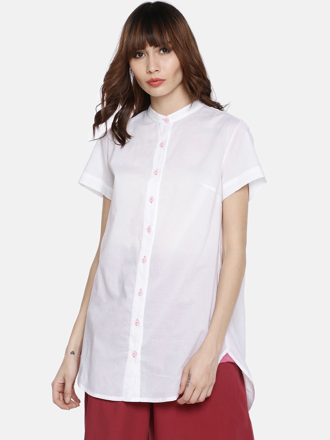 

GRASS by Gitika Goyal Women White Boxy Solid Longline Casual Shirt