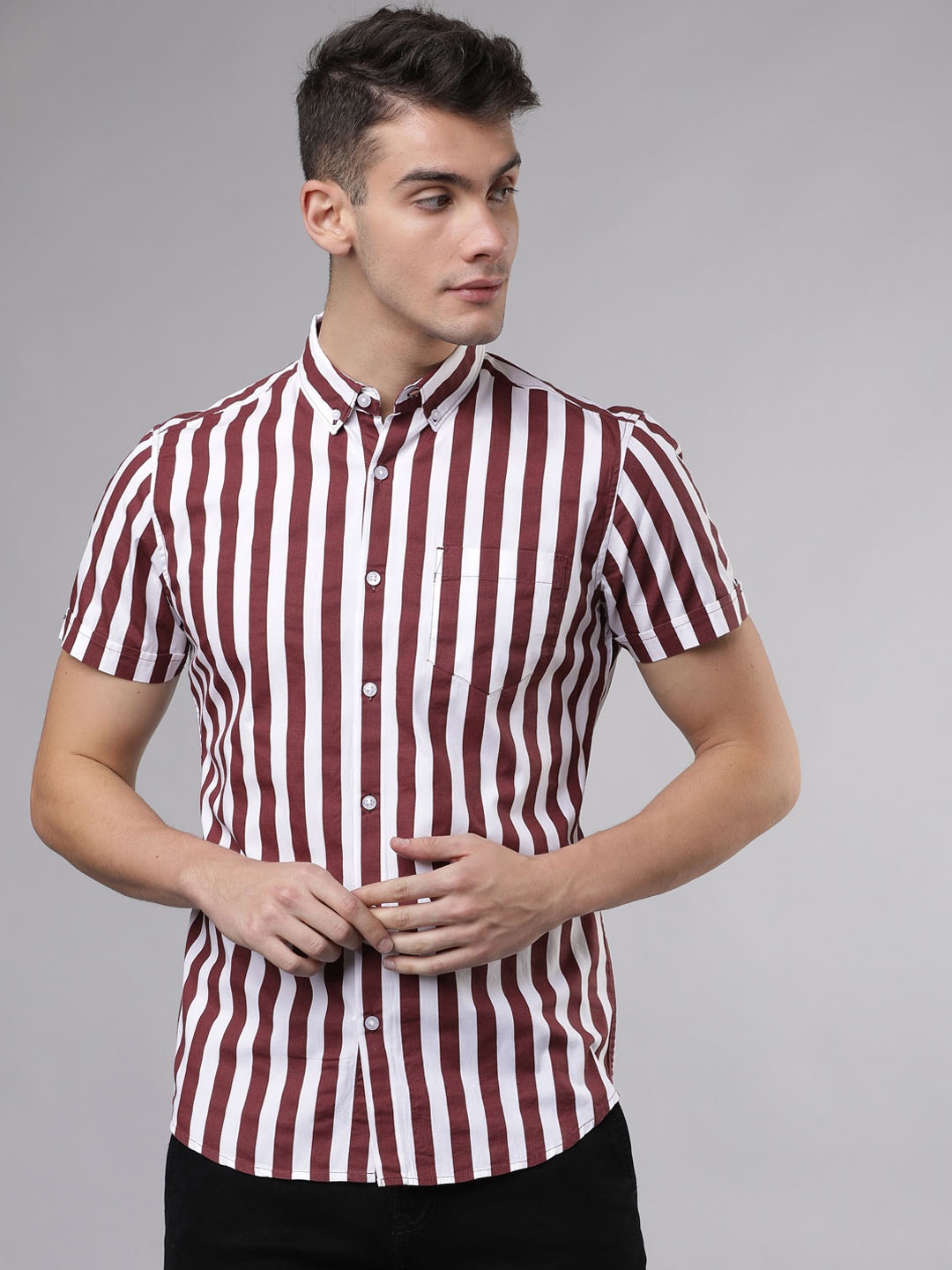 HIGHLANDER Men Maroon & White Slim Fit Striped Casual Shirt