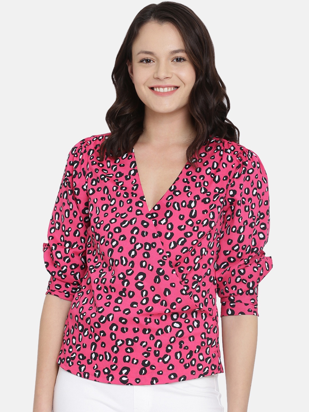 

ISU Women Coral Pink Printed Wrap Top
