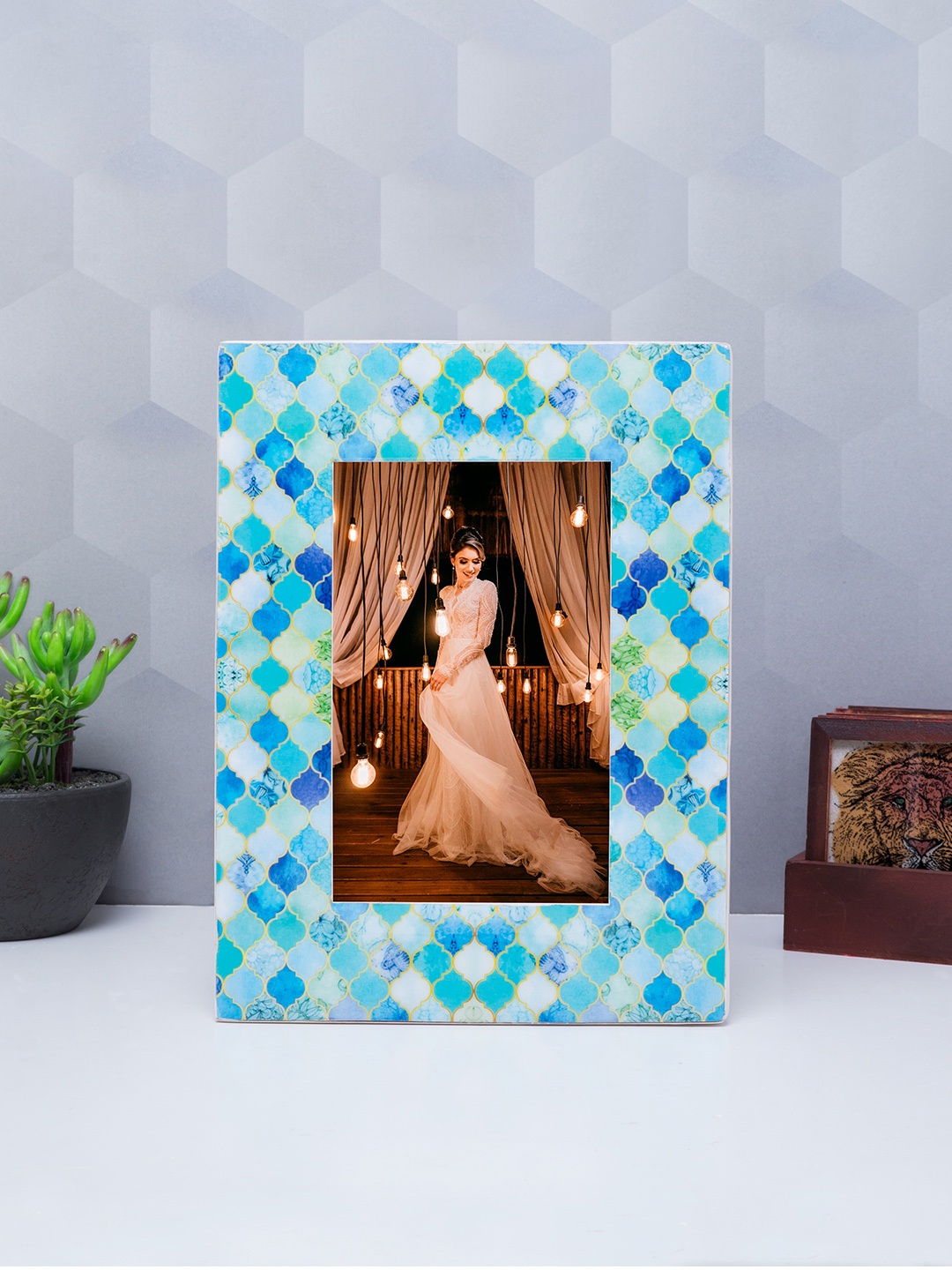 

Golden Peacock Blue Printed Table-Top Photo Frame
