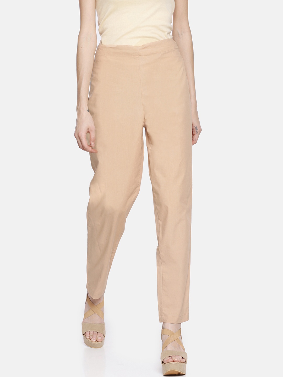 GRASS by Gitika Goyal Women Beige Tapered Fit Solid Drop Crotch Trousers