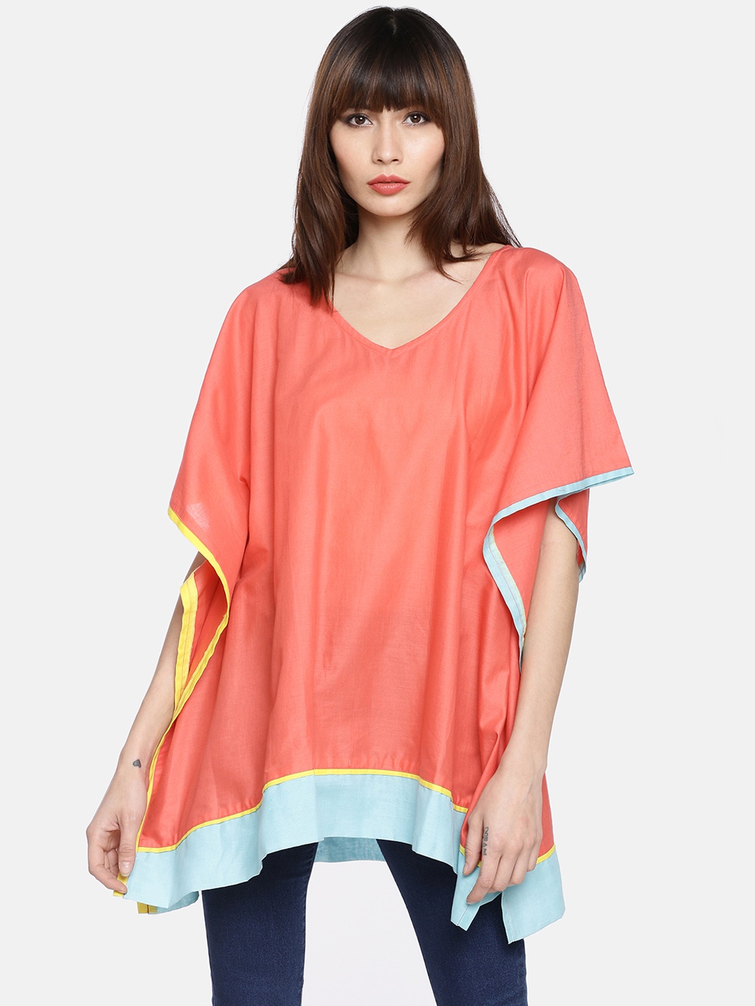 

GRASS by Gitika Goyal Women Coral Orange Solid Kaftan Top