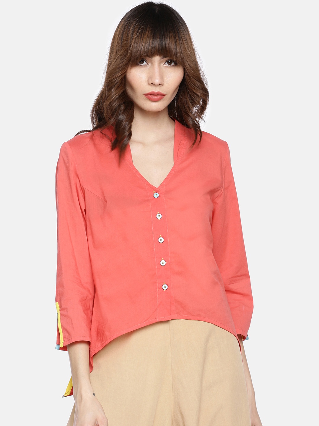

GRASS by Gitika Goyal Women Coral Pink Solid Shirt