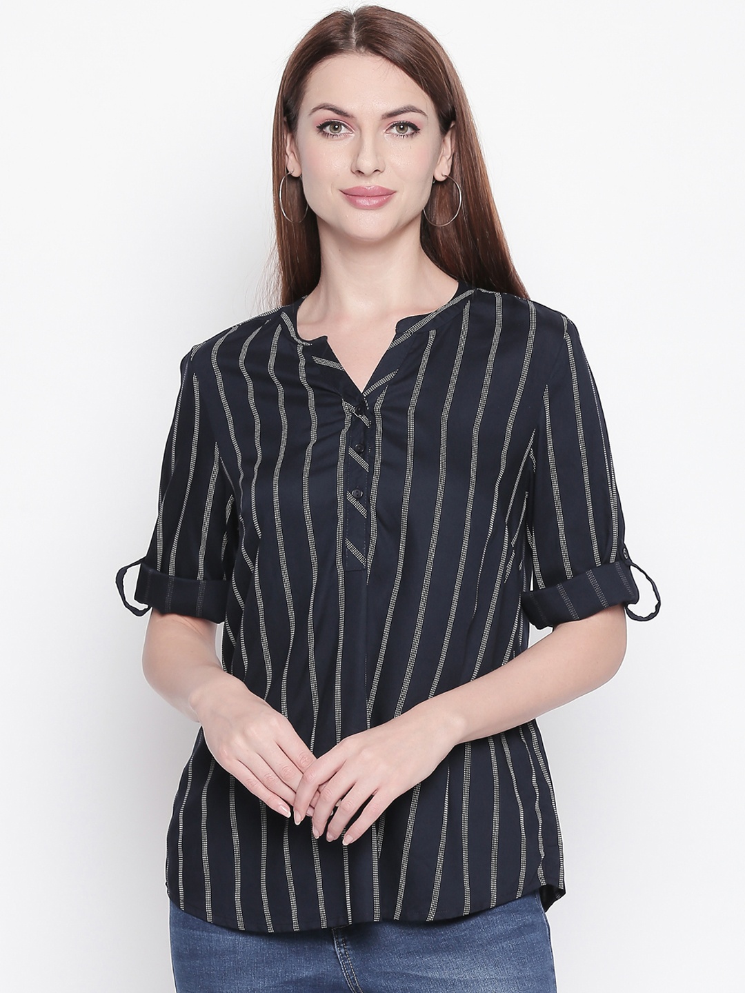 

Honey by Pantaloons Women Navy Blue Striped Shirt Style Top
