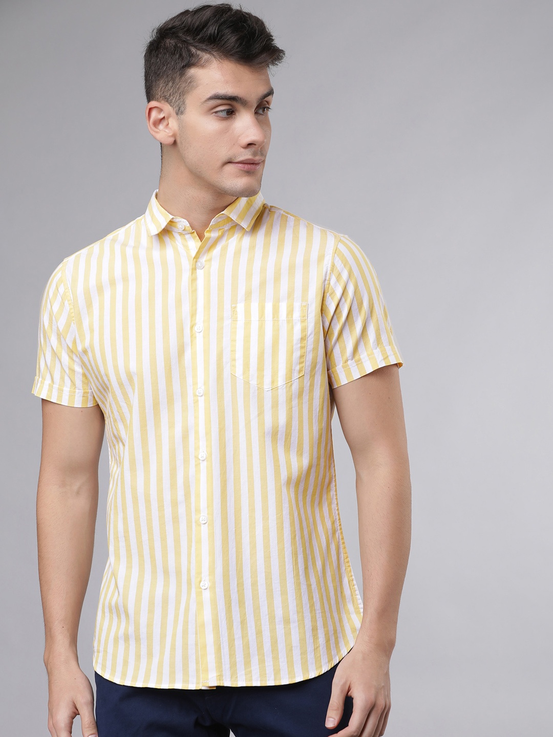 

HIGHLANDER Men Yellow & White Slim Fit Striped Casual Shirt