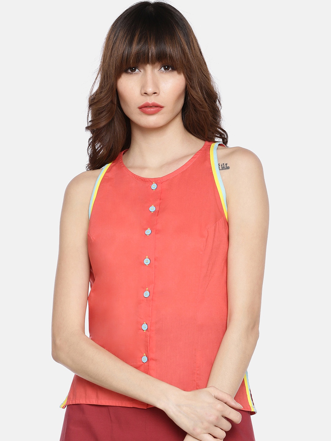 

GRASS by Gitika Goyal Women Coral Orange Solid Top