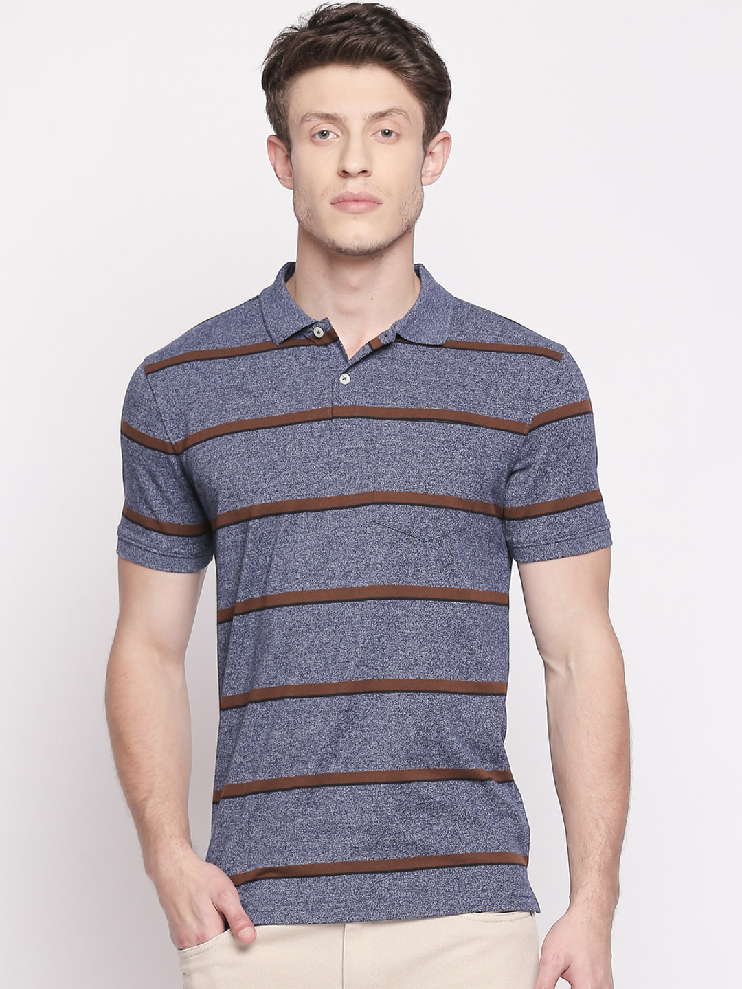 

BYFORD by Pantaloons Men Navy Blue & Brown Striped Polo Collar T-shirt