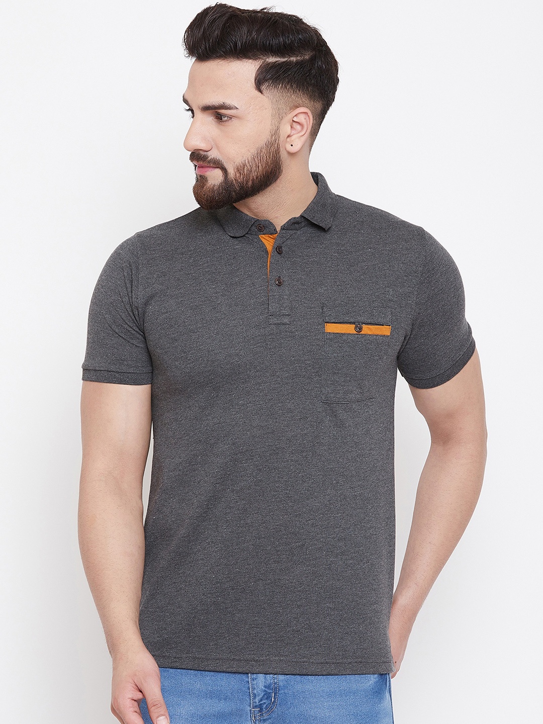 

Austin wood Men Charcoal Printed Polo Collar T-shirt