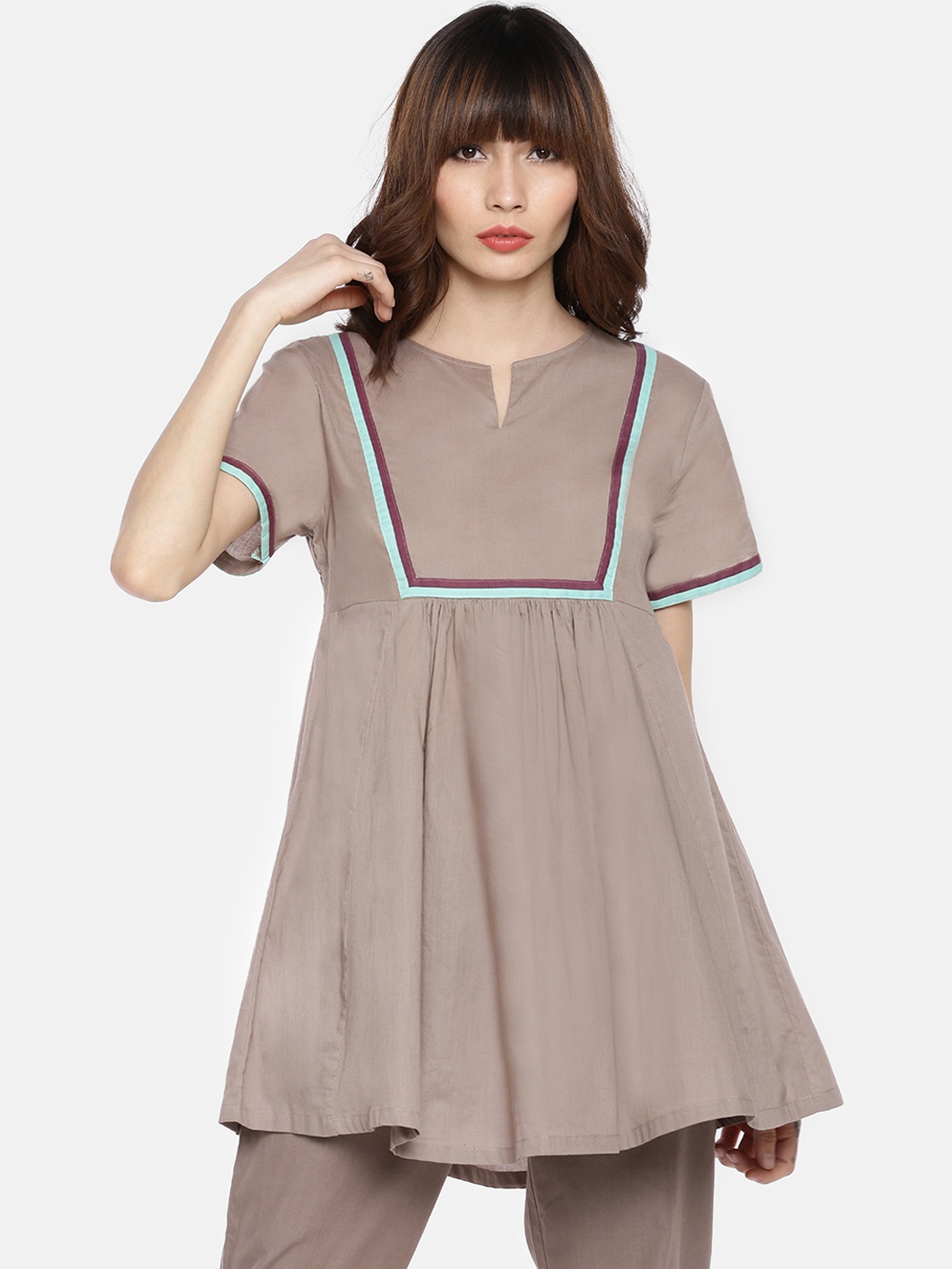 

GRASS by Gitika Goyal Women Taupe Solid A-Line Tunic