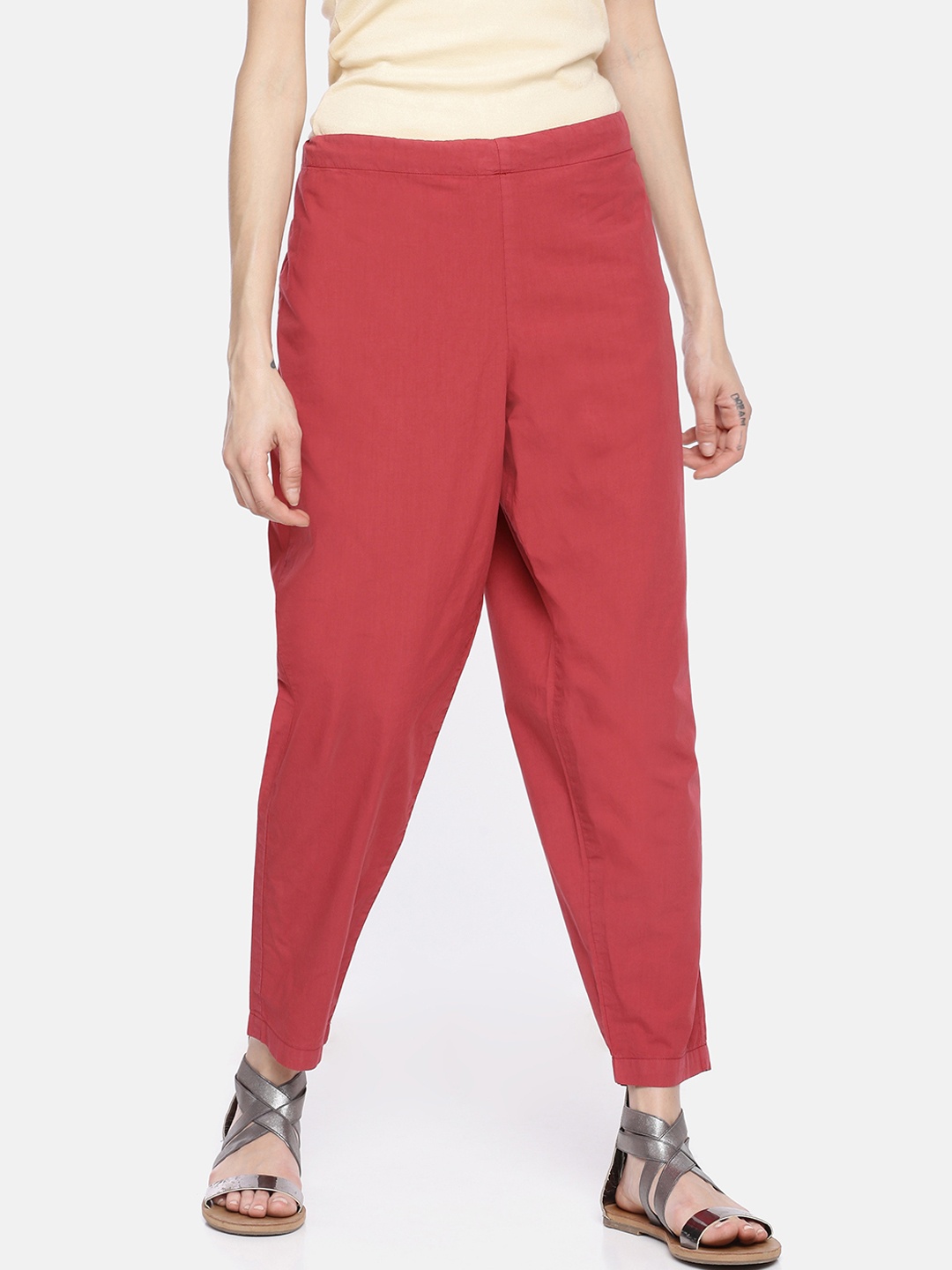 

GRASS by Gitika Goyal Women Maroon Tapered Fit Solid Drop Crotch Trousers